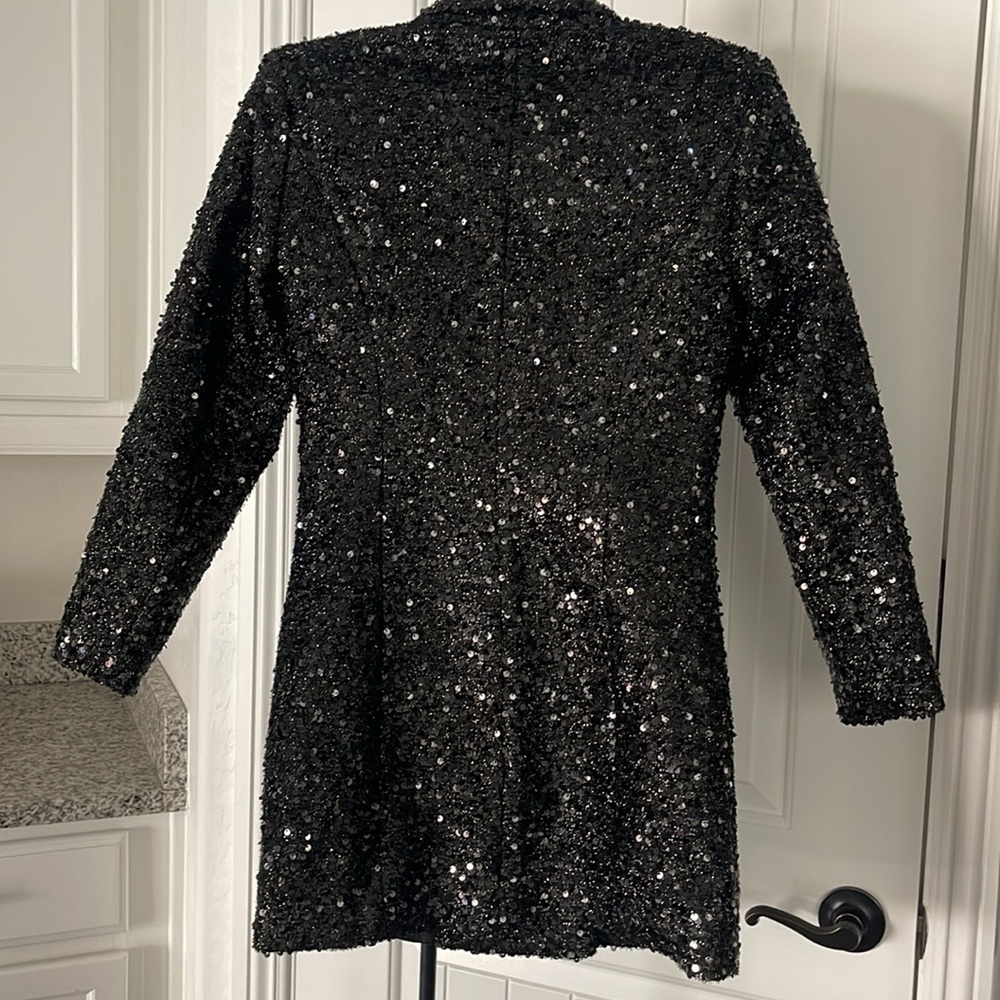 Betsy Moss Sequin Holiday Festive Party Oversized Blazer Black Silver Buttons S - Picture 3 of 11